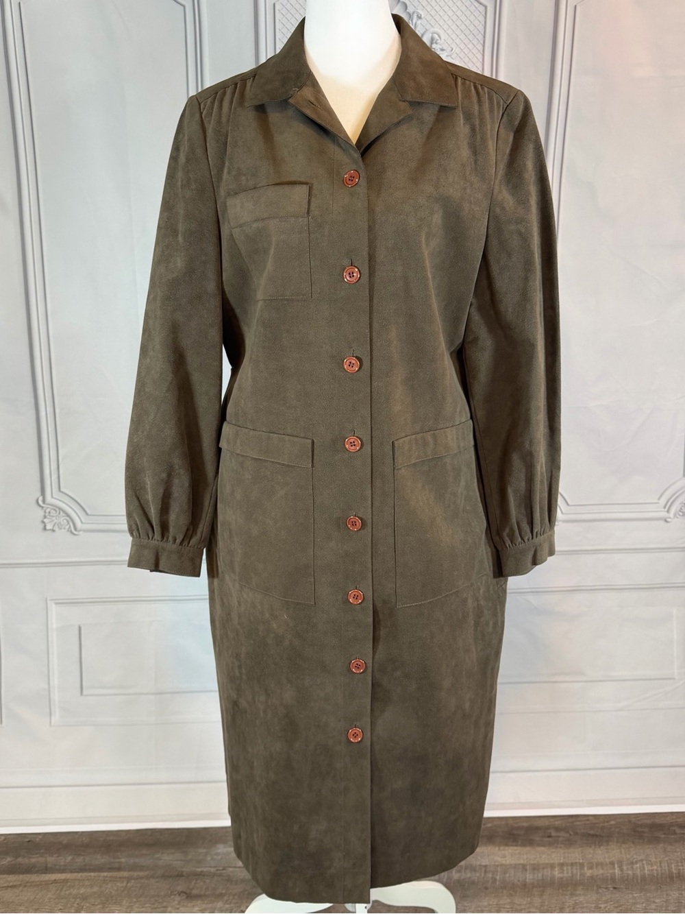 Adele Simpson Vintage Suede Look Shirtdress Coat Olive Safari Sz 12 Belted 70’s